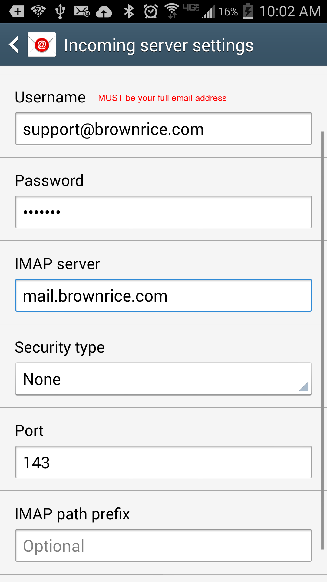 Incoming server settings - IMAP Server: mail.brownrice.com; Port: 143; Security Type: None.