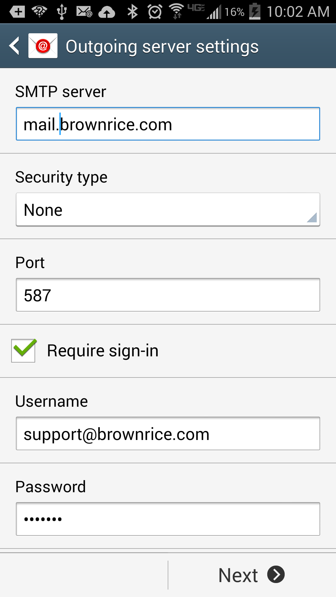 Outgoing Server Settings - SMTP Server: mail.brownrice.com; Port: 587; Security Type: None; Require Sign In: YES.