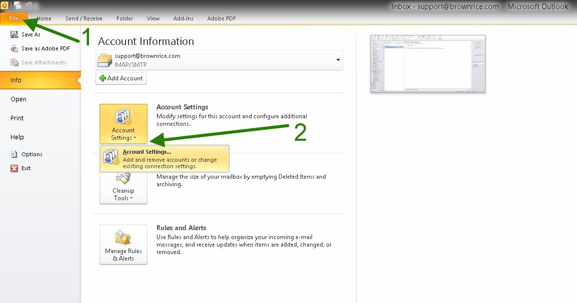 Choose the file tab and then account settings to modify the account.