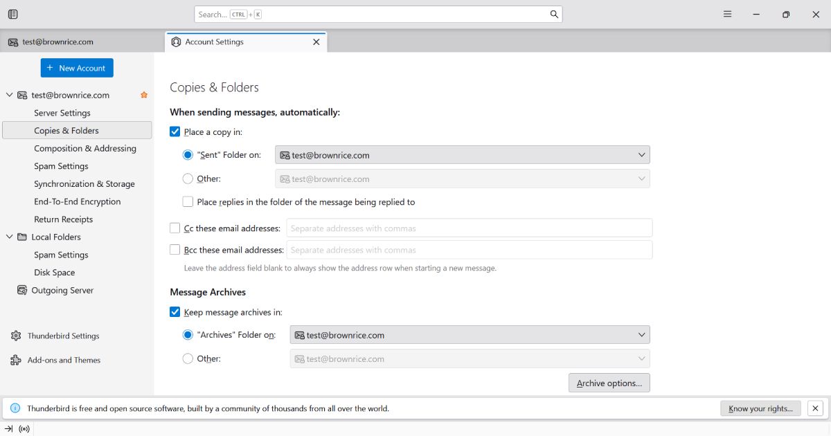 setup Thunderbird to contain Sent and Archives