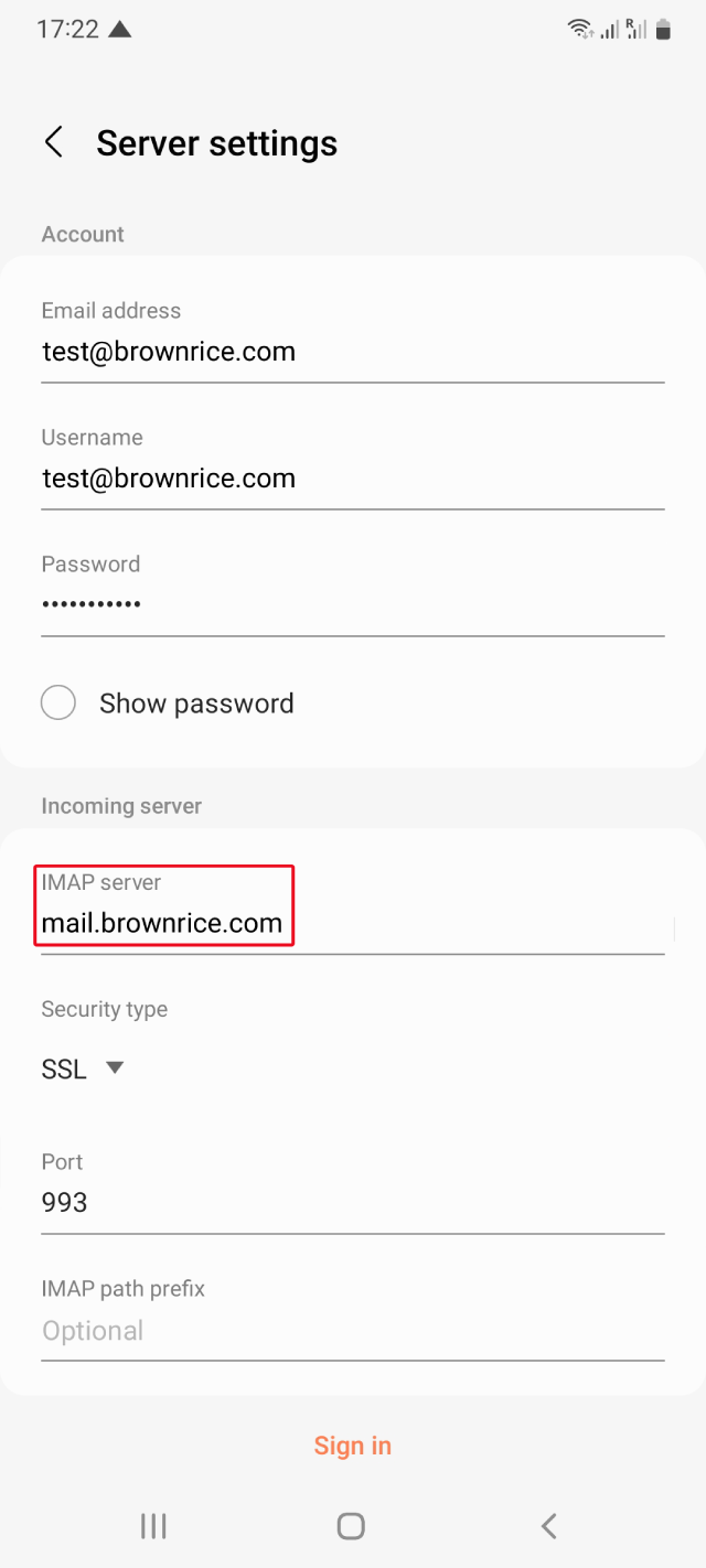 Incoming server settings - IMAP Server: mail.brownrice.com; Port: 143; Security Type: None.