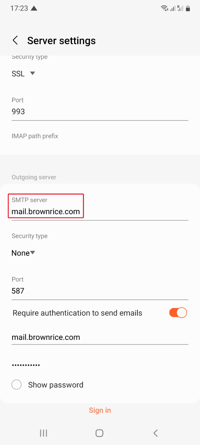 Outgoing server settings - SMTP Server: mail.brownrice.com; Port: 143; Security Type: None.