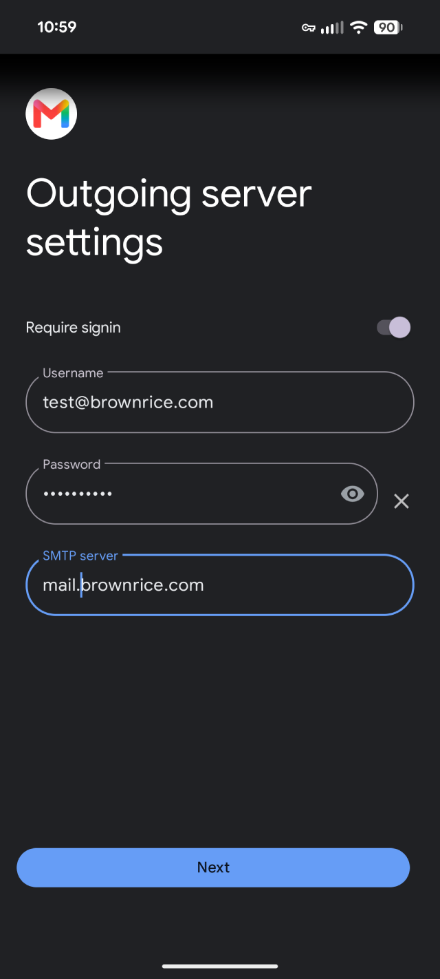 Google Pixel Gmail app outgoing server